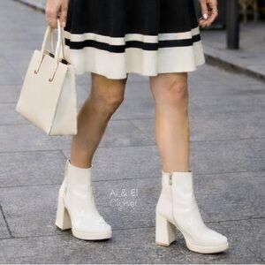 Guess BYRA Women’s Platform Block Heel Ankle Boots Ivory Patent, 8.5M NWB